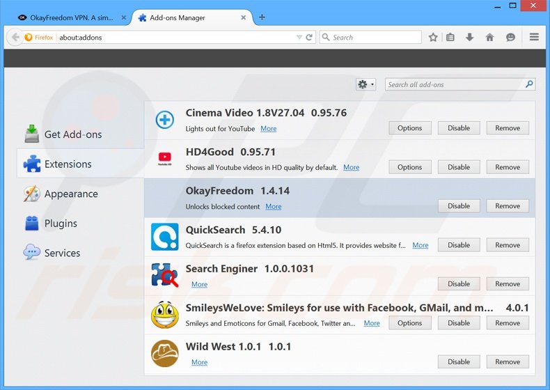Eliminando los anuncios OkayFreedom de Mozilla Firefox paso 2