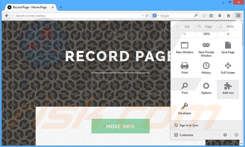 Eliminando los anuncios de Record Page de Mozilla Firefox paso 1