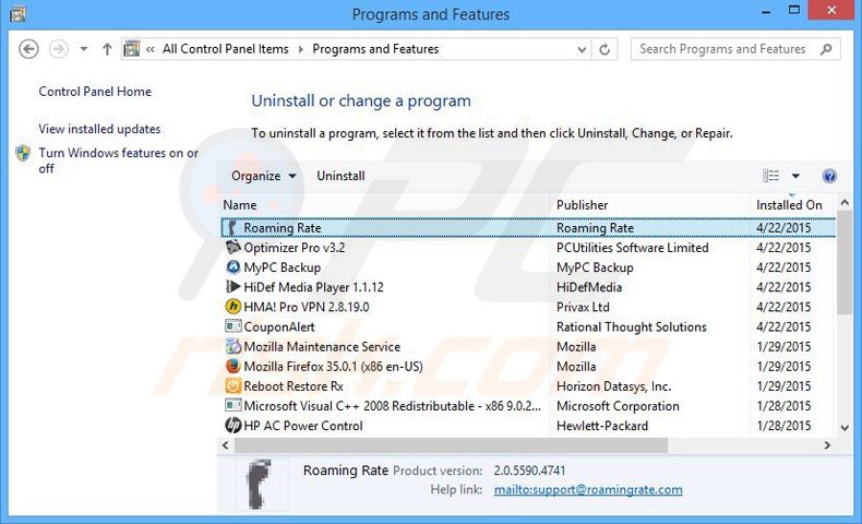 desinstalar el adware roamingrate del Panel de control