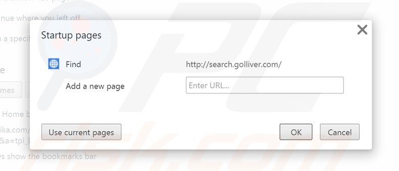 Eliminando search.golliver.com de la página de inicio de Google Chrome