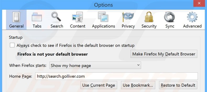 Eliminando search.golliver.com de la página de inicio de Mozilla Firefox