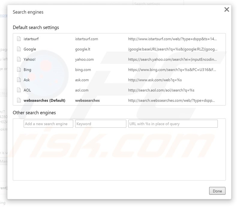 Eliminando search.webssearches.com del motor de búsqueda por defecto de Google Chrome