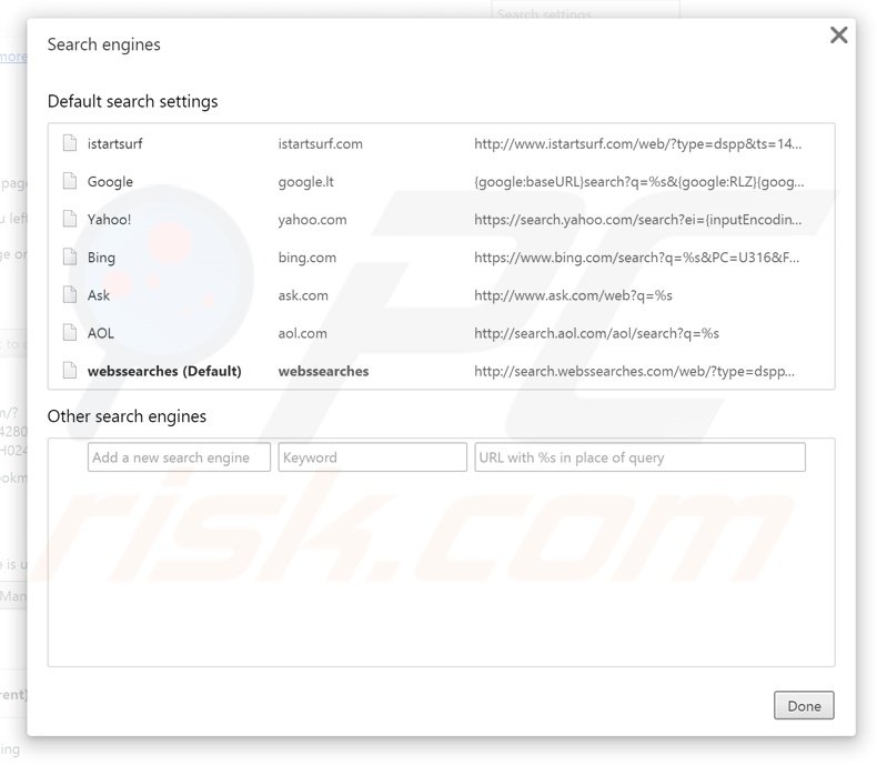 Eliminando search.webssearches.com del motor de búsqueda por defecto de Google Chrome