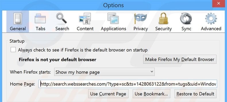 Eliminando search.webssearches.com de la página de inicio de Mozilla Firefox