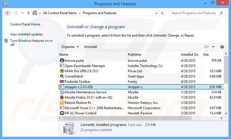 desinstalar el adware Shopper-z del Panel de control