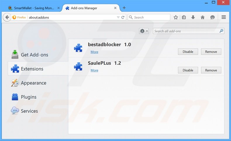 Eliminando los anuncios SmartWallet de Mozilla Firefox paso 2