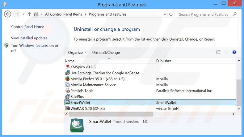 desinstalar el adware SmartWallet del Panel de control