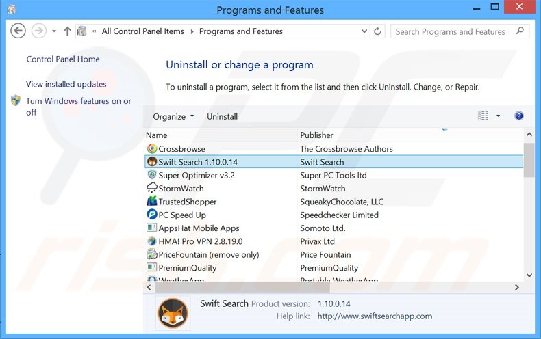 desinstalar el adware Swift Search del Panel de control