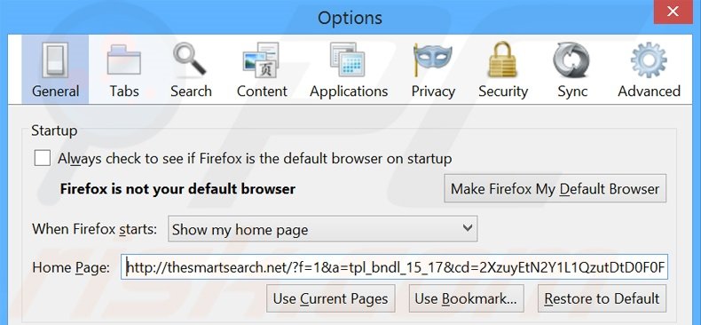 Eliminando thesmartsearch.net de la página de inicio de Mozilla Firefox