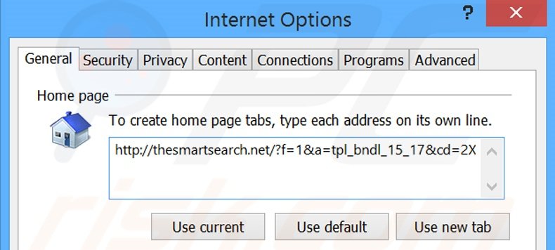 Eliminando thesmartsearch.net de la página de inicio de Internet Explorer