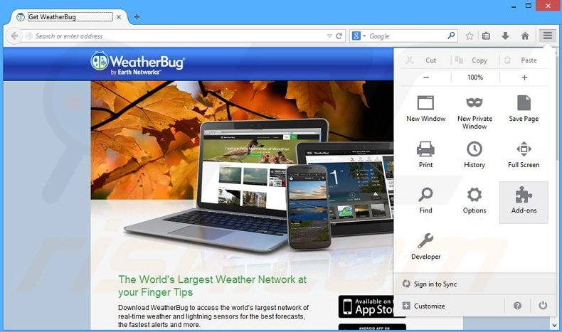 Eliminando el software publicitario relacionado con WeatherBug de Mozilla Firefox paso 1