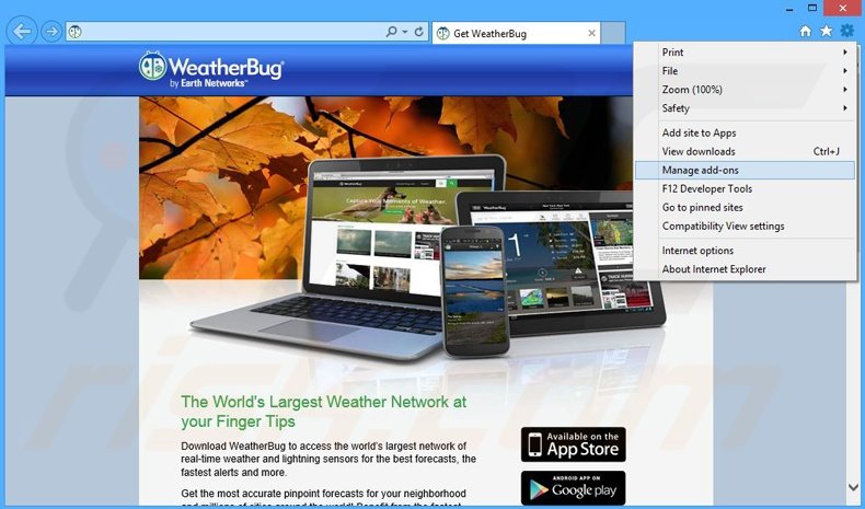 Eliminando el software publicitario relacionado con WeatherBug de Internet Explorer paso 1