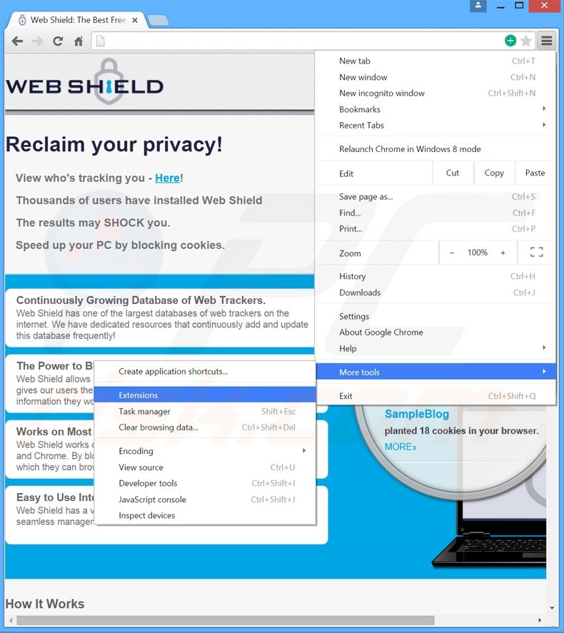 Eliminando los anuncios Web Shield de Google Chrome paso 1