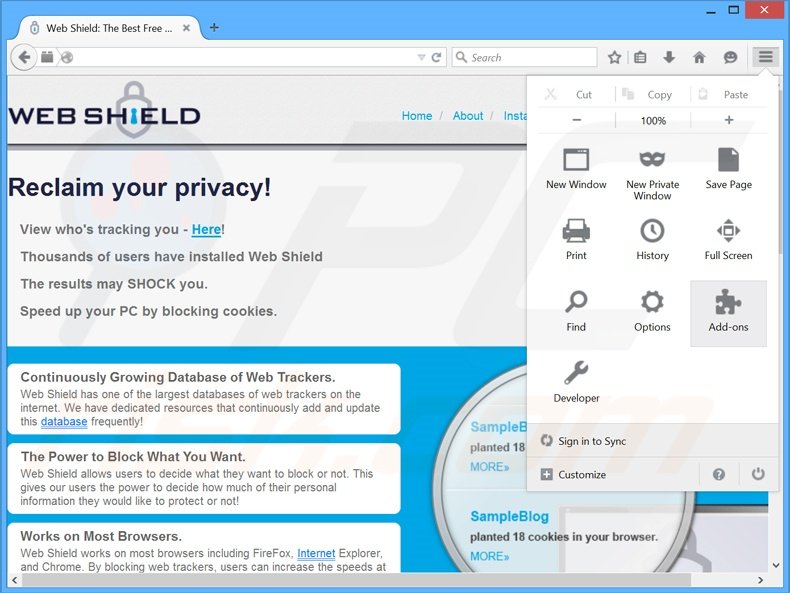 Eliminando los anuncios de Web Shield de Mozilla Firefox paso 1