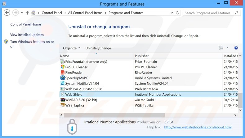 desinstalar el adware Web Shield del Panel de control