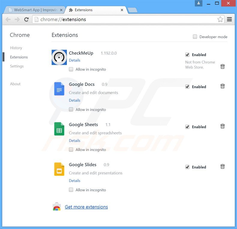 Eliminando la aplicación websmart app de Google Chrome paso 2