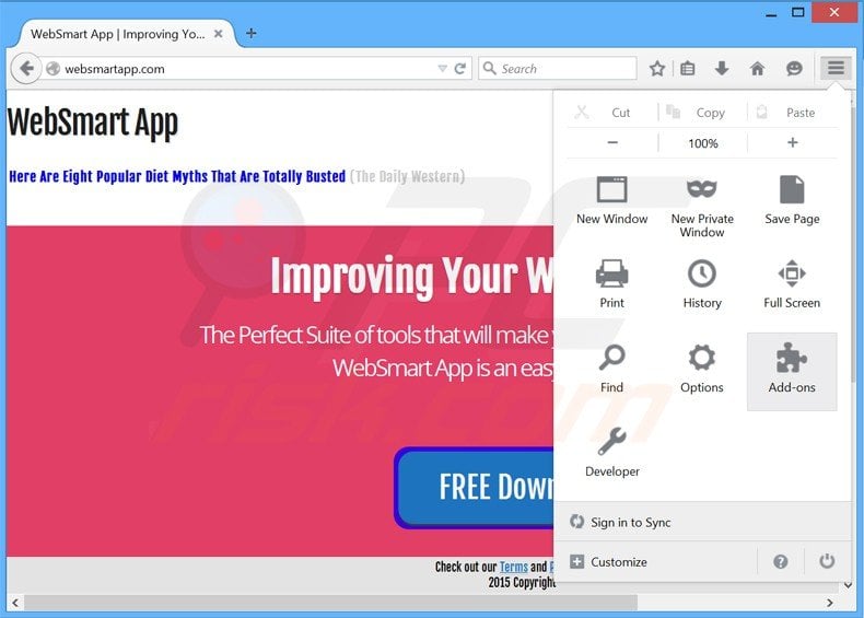 Eliminando websmart app de Mozilla Firefox paso 1