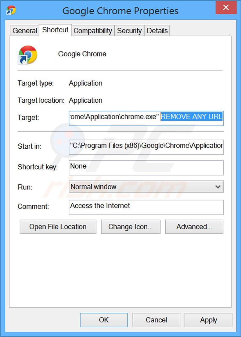 Eliminar la url no deseada del destino del acceso directo de Google Chrome paso 2