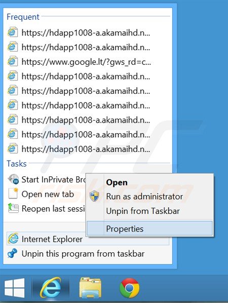 Eliminar la url no deseada del destino del acceso directo de Internet Explorer paso 1