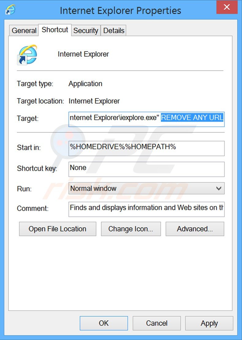 Eliminar la url no deseada del destino del acceso directo de Internet Explorer paso 2