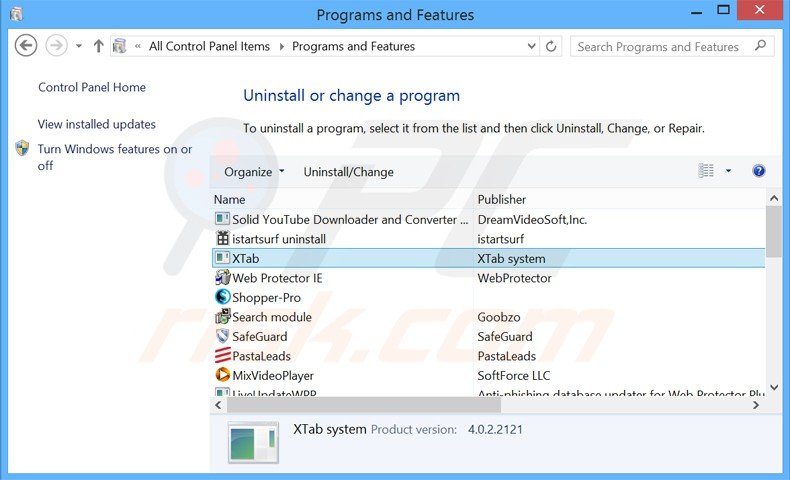 desinstalar el secuestrador de navegadores xtab desde el Panel de control