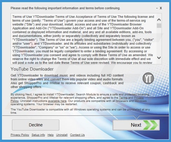 Instalador usado para distribuir el software publicitario YTDownloader