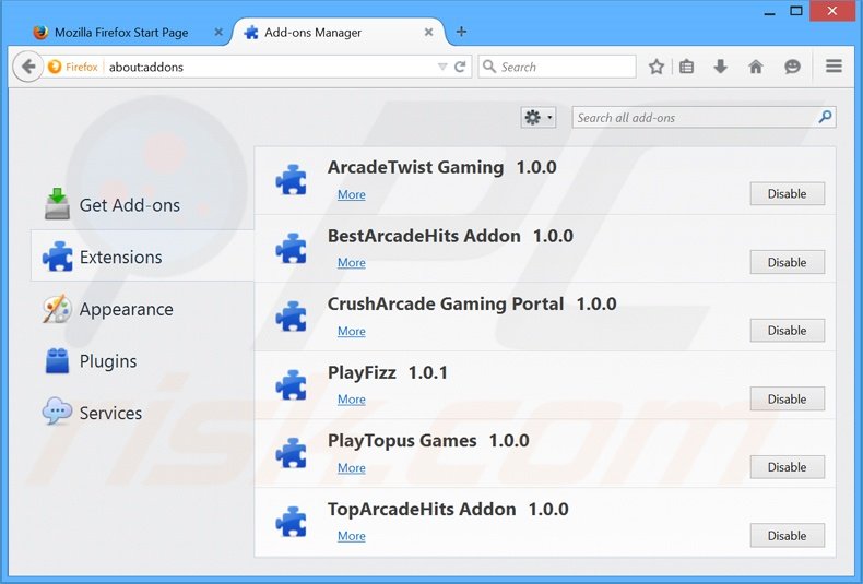 Eliminando los anuncios ArcadeTwist de Mozilla Firefox paso 2