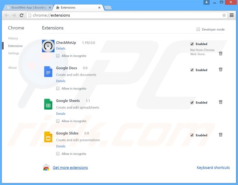 Eliminando los anuncios BoostWeb App de Google Chrome paso 2