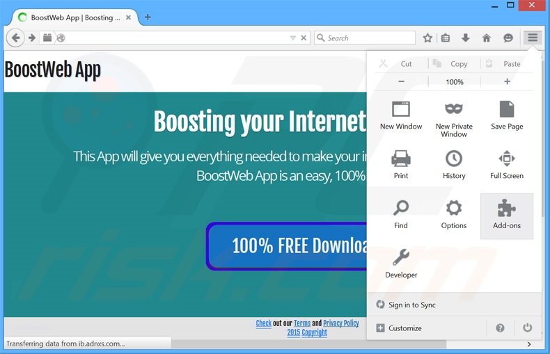 Eliminando los anuncios de BoostWeb app de Mozilla Firefox paso 1