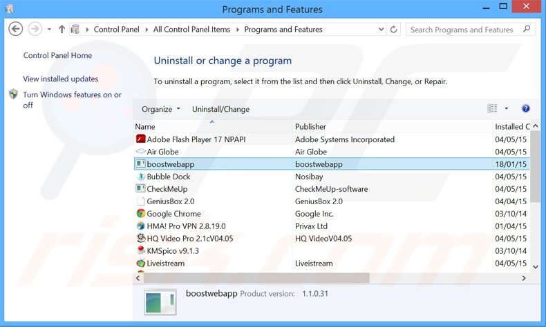 desinstalar el adware BoostWeb App del Panel de control