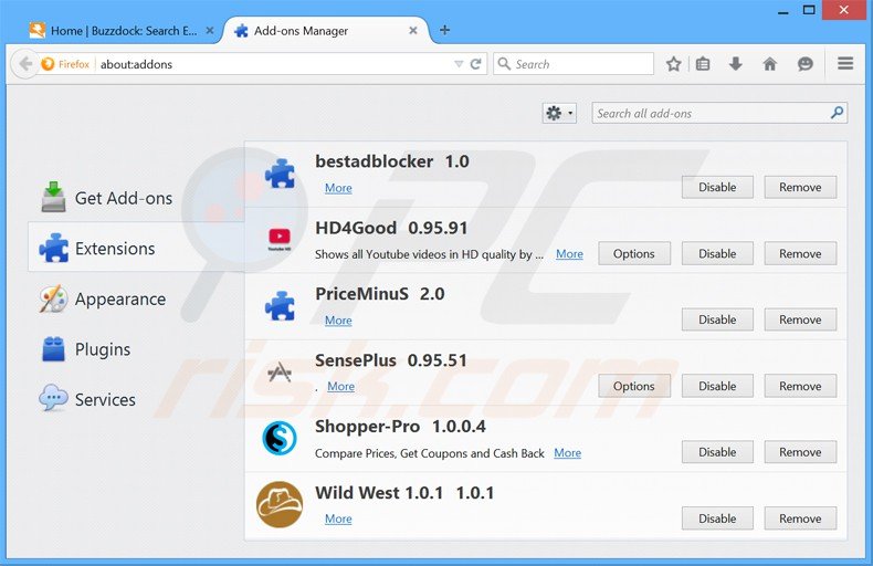 Eliminando los anuncios buzzdock de Mozilla Firefox paso 2