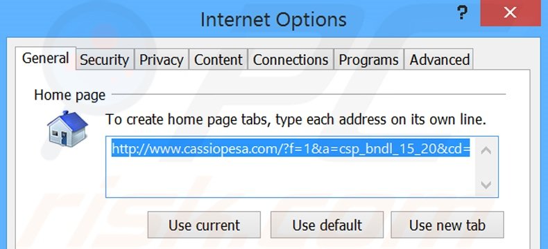 Eliminando cassiopesa.com de la página de inicio de Internet Explorer