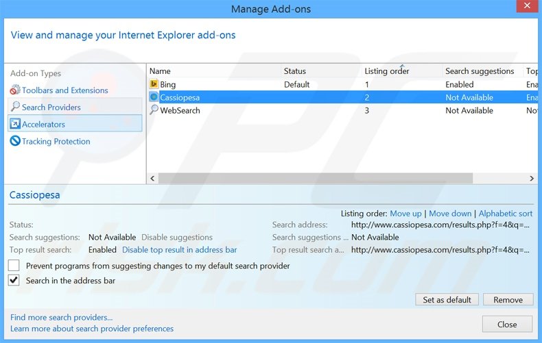 Eliminando cassiopesa.com del motor de búsqueda por defecto de Internet Explorer
