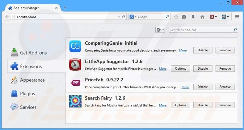 Eliminando los anuncios ComparingGenie de Mozilla Firefox paso 2