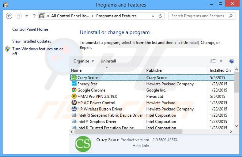 desinstalar el software publicitario crazy score del Panel de control