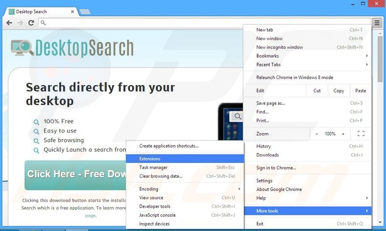 Eliminando los anuncios de Desktop Search de Google Chrome paso 1
