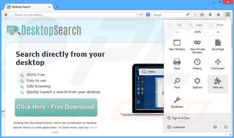 Eliminando los anuncios de Desktop search de Mozilla Firefox paso 1