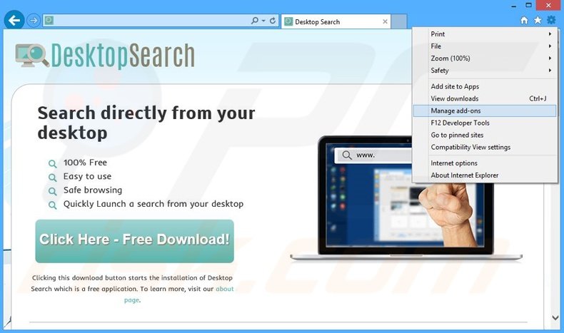 Eliminando los anuncios de Desktop Search de Internet Explorer paso 1
