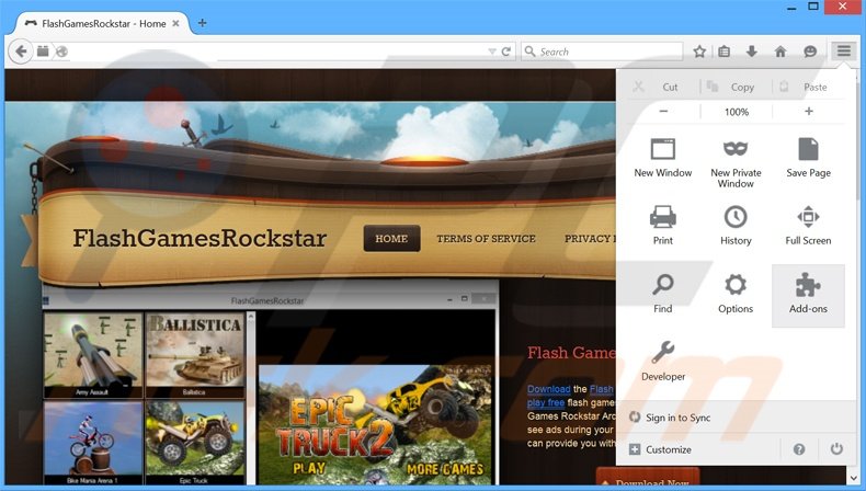 Eliminando los anuncios FlashGamesRockstar de Mozilla Firefox paso 1