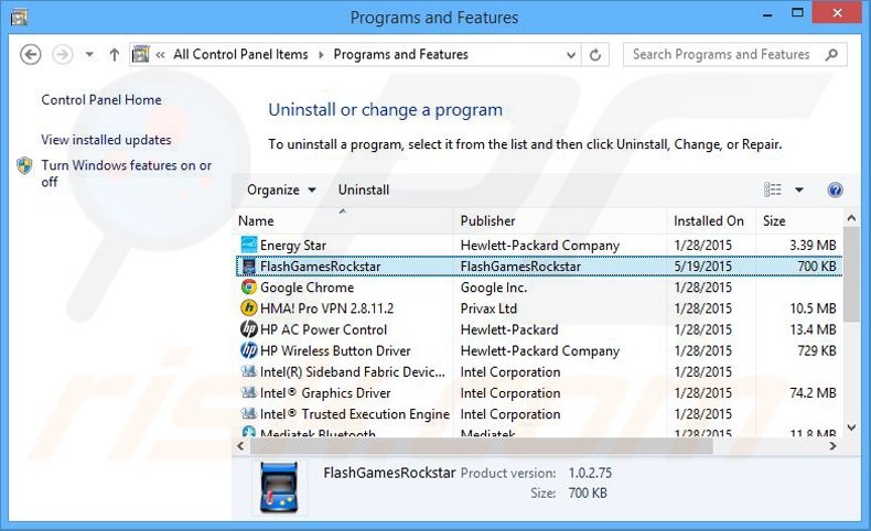 desinstalar el adware FlashGamesRockstar del Panel de control