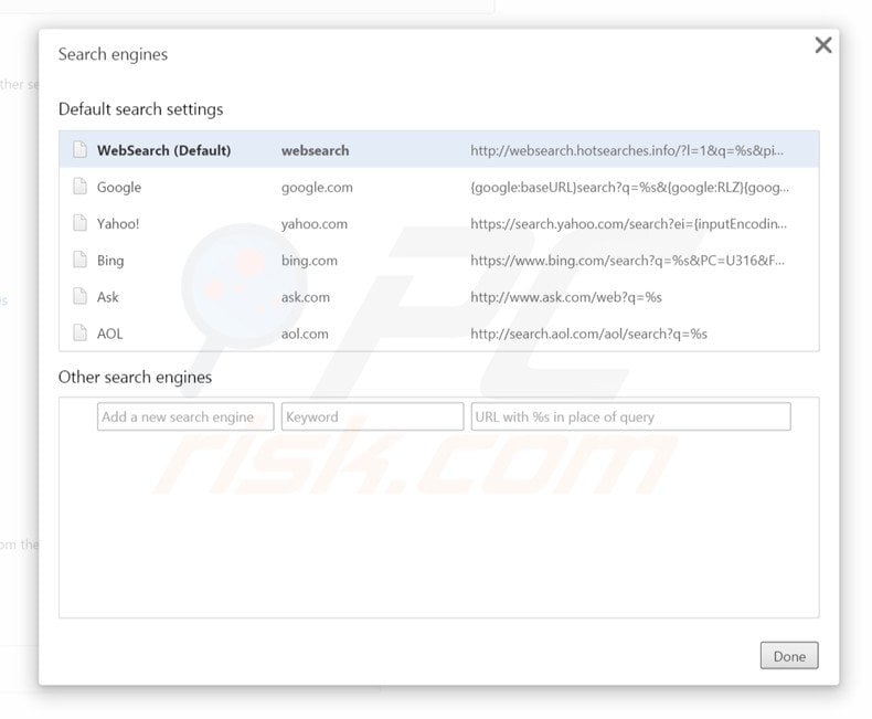 Eliminando websearch.hotsearches.info del motor de búsqueda por defecto de Google Chrome