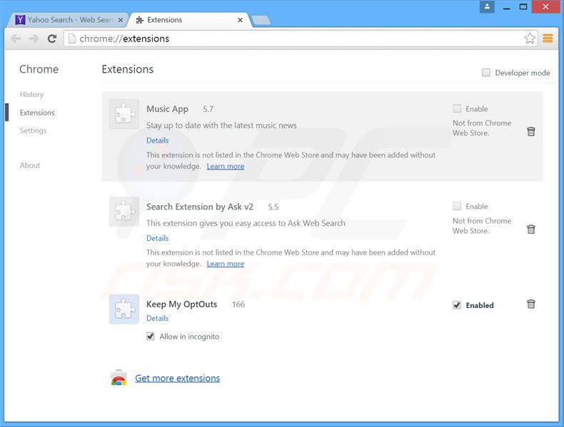 Eliminando las extensiones relacionadas con websearch.hotsearches.info de Google Chrome