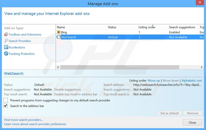 Eliminando websearch.hotsearches.info del motor de búsqueda por defecto de Internet Explorer