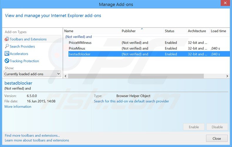 Eliminando las extensiones relacionadas con websearch.hotsearches.info en Internet Explorer