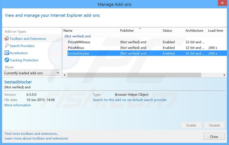 Eliminando las extensiones relacionadas con websearch.hotsearches.info en Internet Explorer