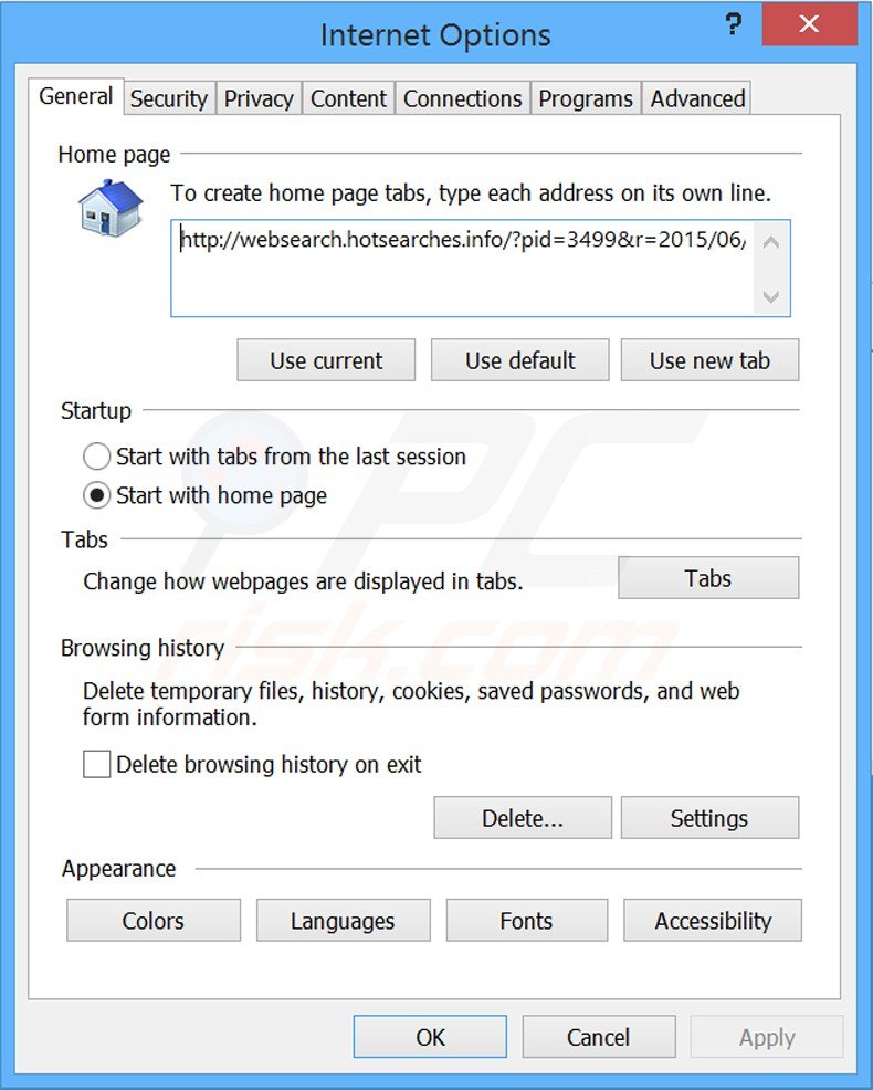 Eliminando websearch.hotsearches.info de la página de inicio de Internet Explorer