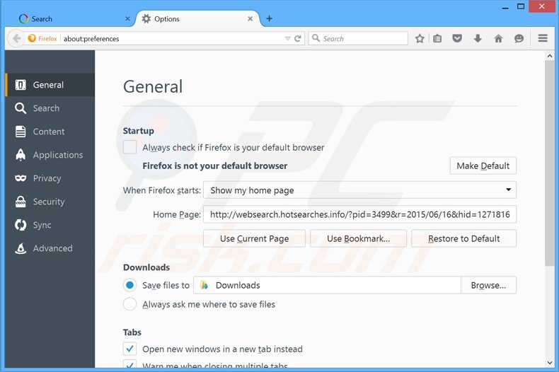 Eliminando websearch.hotsearches.info de la página de inicio de Mozilla Firefox
