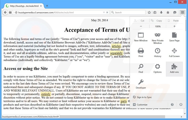 Eliminando los anuncios Kikblaster de Mozilla Firefox paso 1