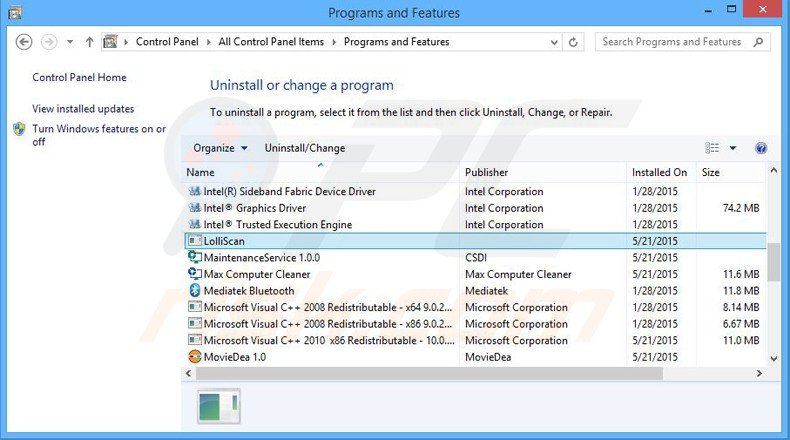 desinstalar el adware lolliscan del Panel de control