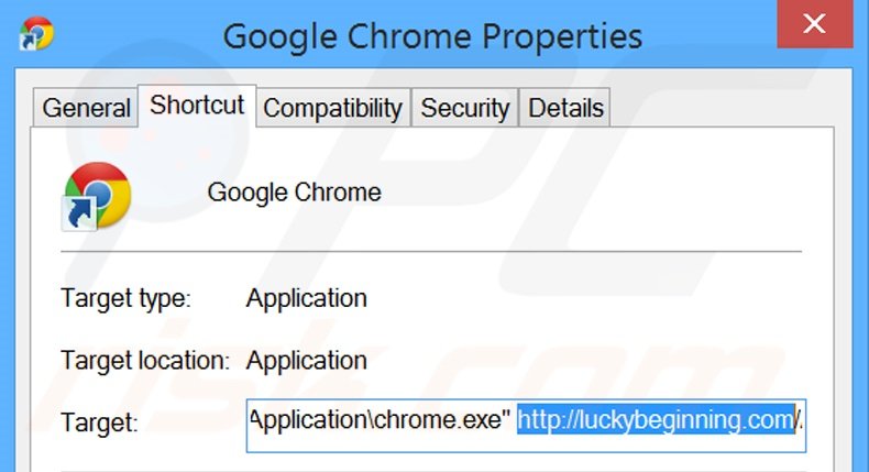 Eliminar luckybeginning.com del destino del acceso directo de Google Chrome paso 2